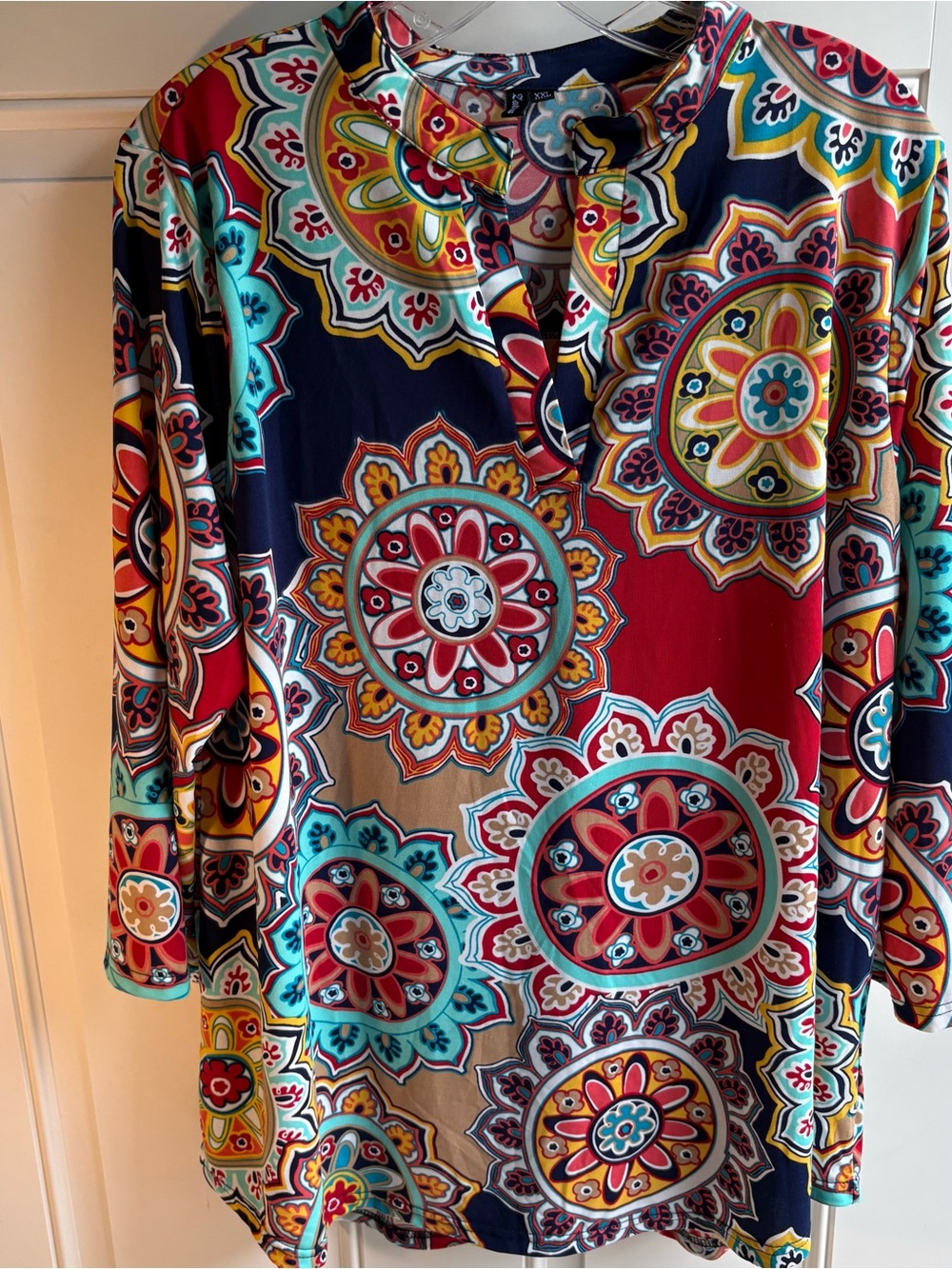 Zattcas Boho Mandala Print Tunic Top Blouse Stretchy 3/4 Roll Sleeve. Size-XXL
